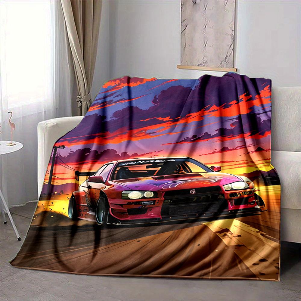 1pc Drift Car, Sunset Blanket Lightweight Flannel Blanket Throw Blanket For Sofa, Bed, Travel, Camping, Livingroom, Office, Couch