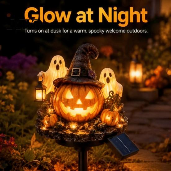 Halloween Porch Lighting Solar Pumpkin Garden Stake Light, Waterproof LED Yard Decoration with Automatic Dusk To Dawn Light Wizard Hat And Ghost,