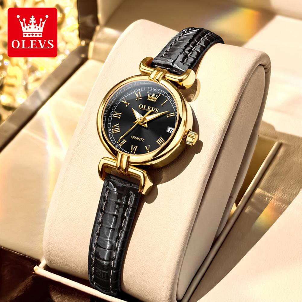 OLEVS Luxury Original Woman Round Watch Brown Small Leather Strap 3ATM Waterproof Date Elegant Quartz Ladies Wristwatch
