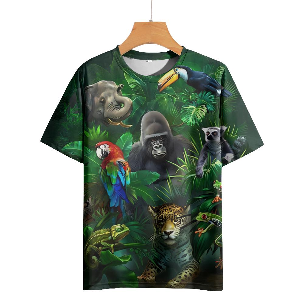 Tričko s kresleným zvířecím potiskem pro muže Trička Starověký les Tričko Outdoor Hip Hop Topy Oblečení Neformální Trička s volným krátkým rukávem
