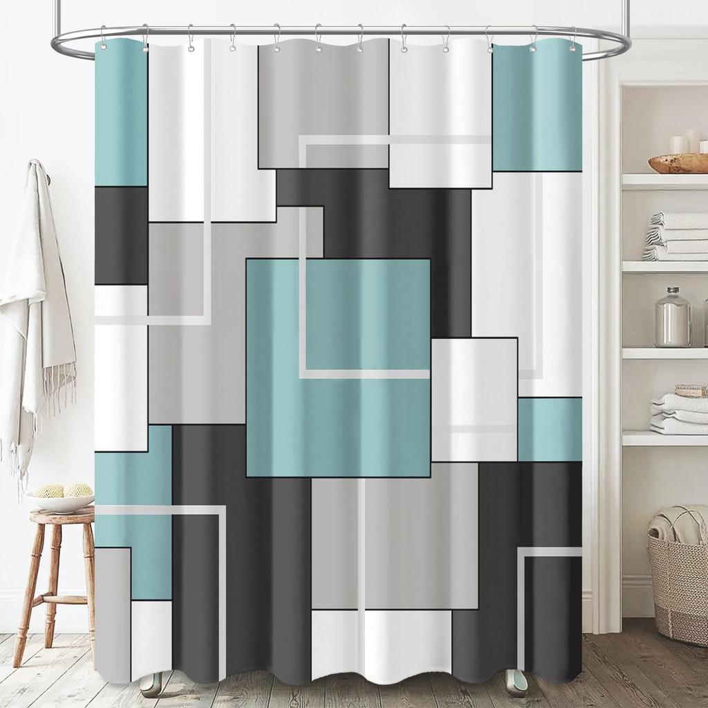 Geometric Shower Curtain Mid Century Vintage Geometric Bathroom Curtain with Hooks Waterproof Polyester Fabric Shower Curtain