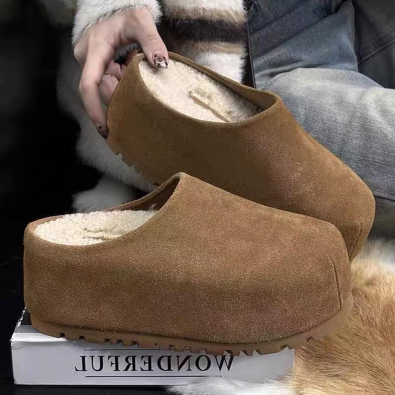 2025 Nowe Damskie Małe Zamknięte Pantofle ze Skóry Nubukowej Podwyższające Obcas Wsuwane do Noszenia na Zewnątrz