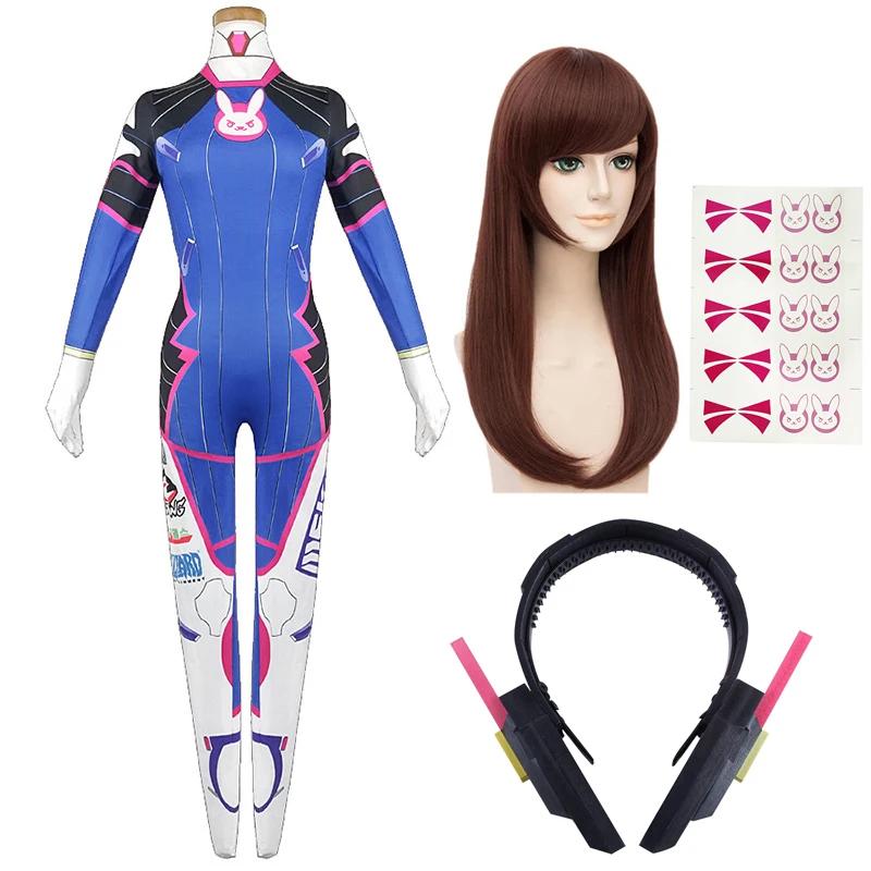Spiel Overwatch Dva Cosplay Kostüme Strumpfhose Overall Perücke Kopfhörer Pistole Cosplay Requisiten Tattoo Aufkleber Anzug Frau Party Zentai Cos