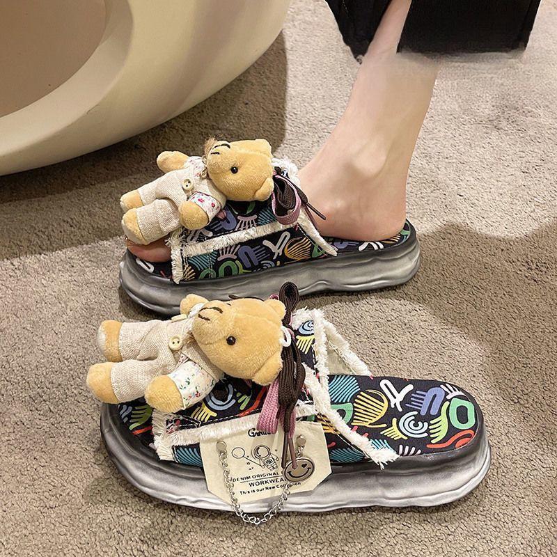 Fashion Women Sandals Cute Bear Platform Slippers Women Wear Seaside Beach Shoes New Summer Canvas Half-drag Women Shoes Sandalias Mujer