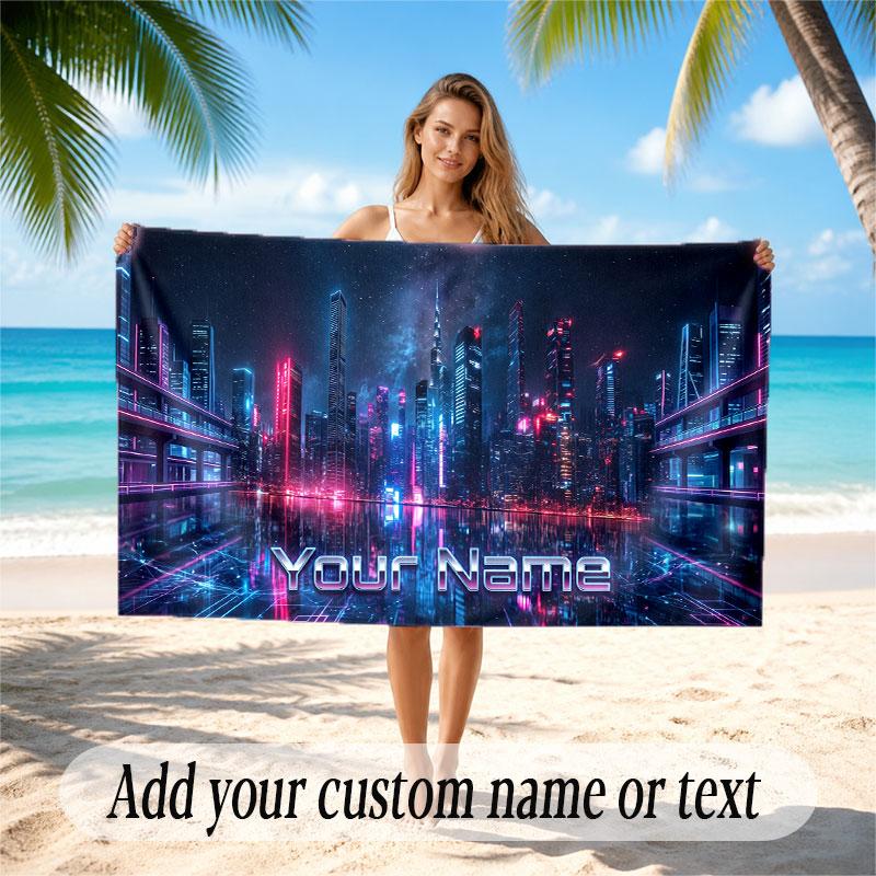 City Cyberpunk Theme Soft Beach Towel Personalized Custom Name Text Towel Portable for Beach Pool Travel