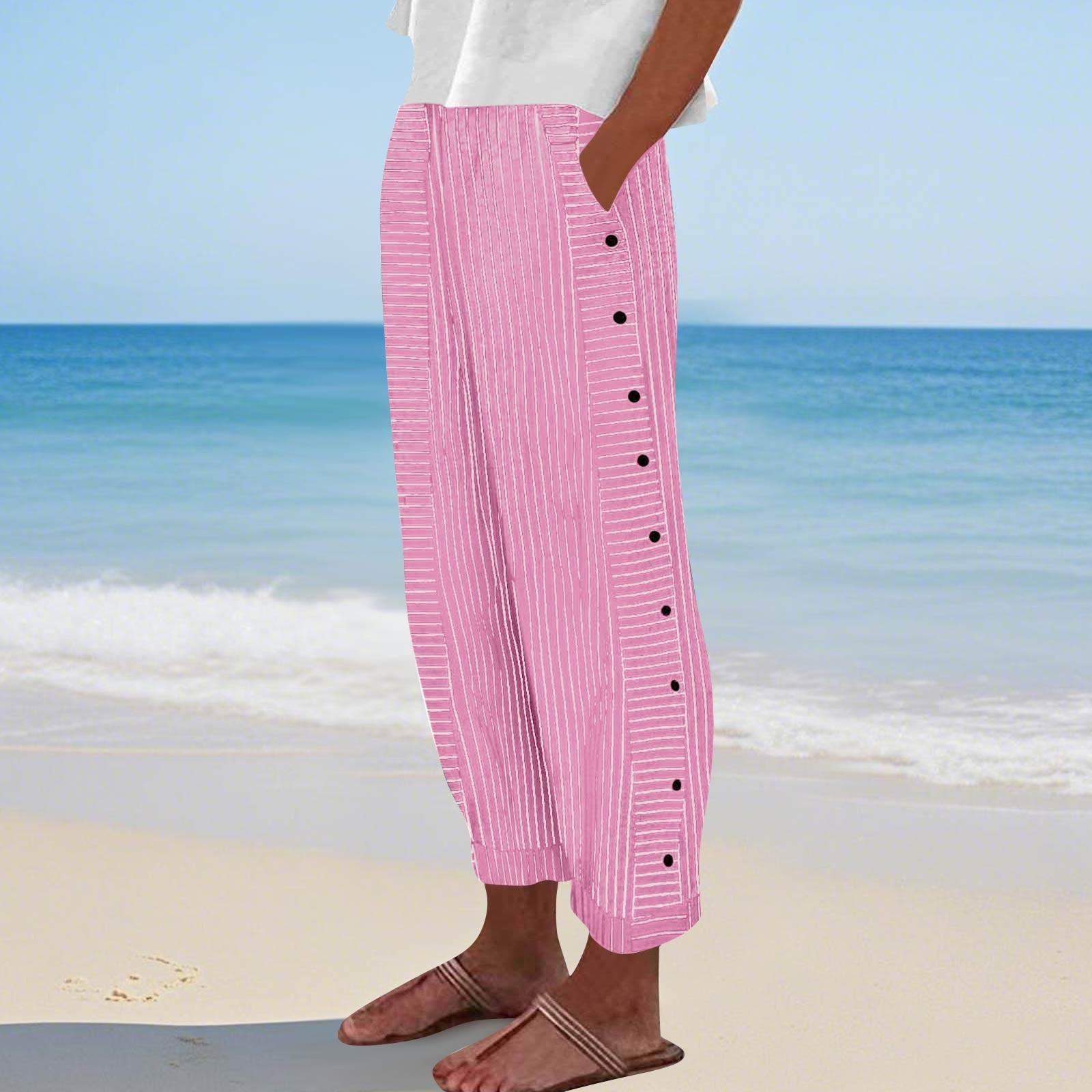 

Женские повседневные модные брюки в полоску с принтом сбоку, мешковатые брюки с эластичной резинкой на талии, прямые удобные брюки с карманом S розовый