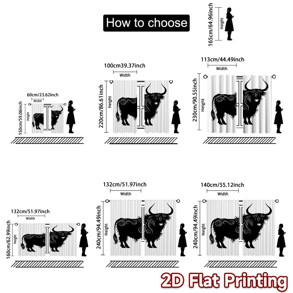 2D FLAT PRINTING 2pcs Curtains (Without Rod) Swirling Bull Silhouette Modern Curtain Modern Machine Washable Fabric Curtains