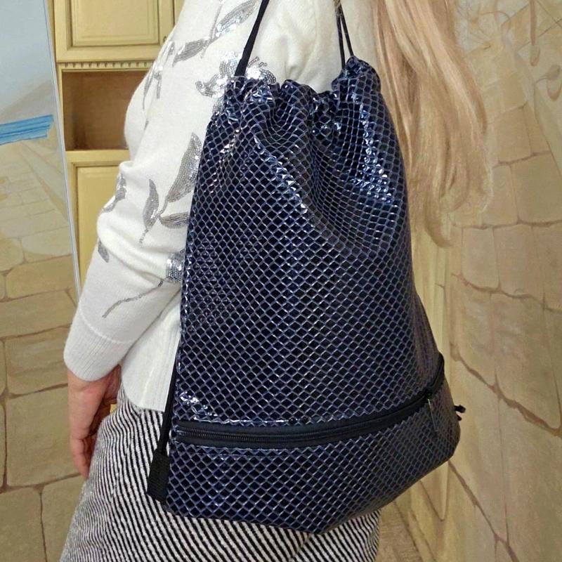 Shiny Snake Print Backpack for Women – Drawstring Gym Bag, Travel Tote, School Sling with Zip | Lightweight Fashion Shoulder Bag Everyday Carry soft texture темно-синий