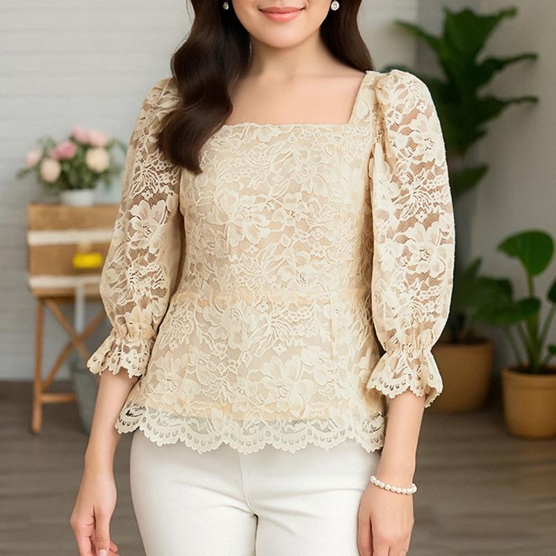 

ZANZEA Women Casual Square Neck Summer 3/4 Sleeve Lace Patchwork Blouse S абрикосовий
