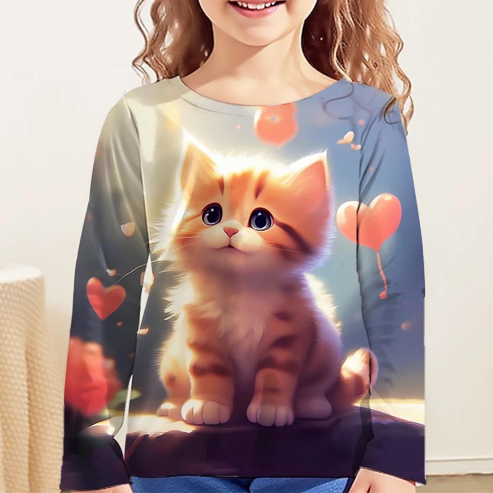 Kinder Niedliche Katze 3D Digitaldruck Mädchen Modetrend Rundhals Langarm T-Shirt