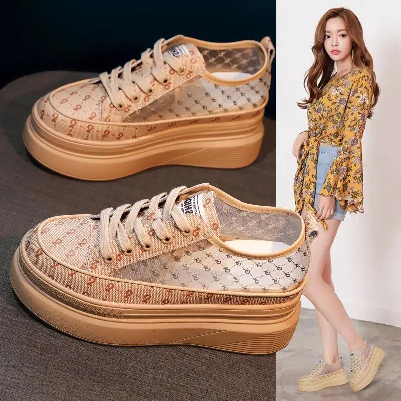 High On Platform Lace Up Low Round Toe Black Mesh Breathable Canvas Female Footwear Women's Shoes Daily Routine Y2k Fashion 2025