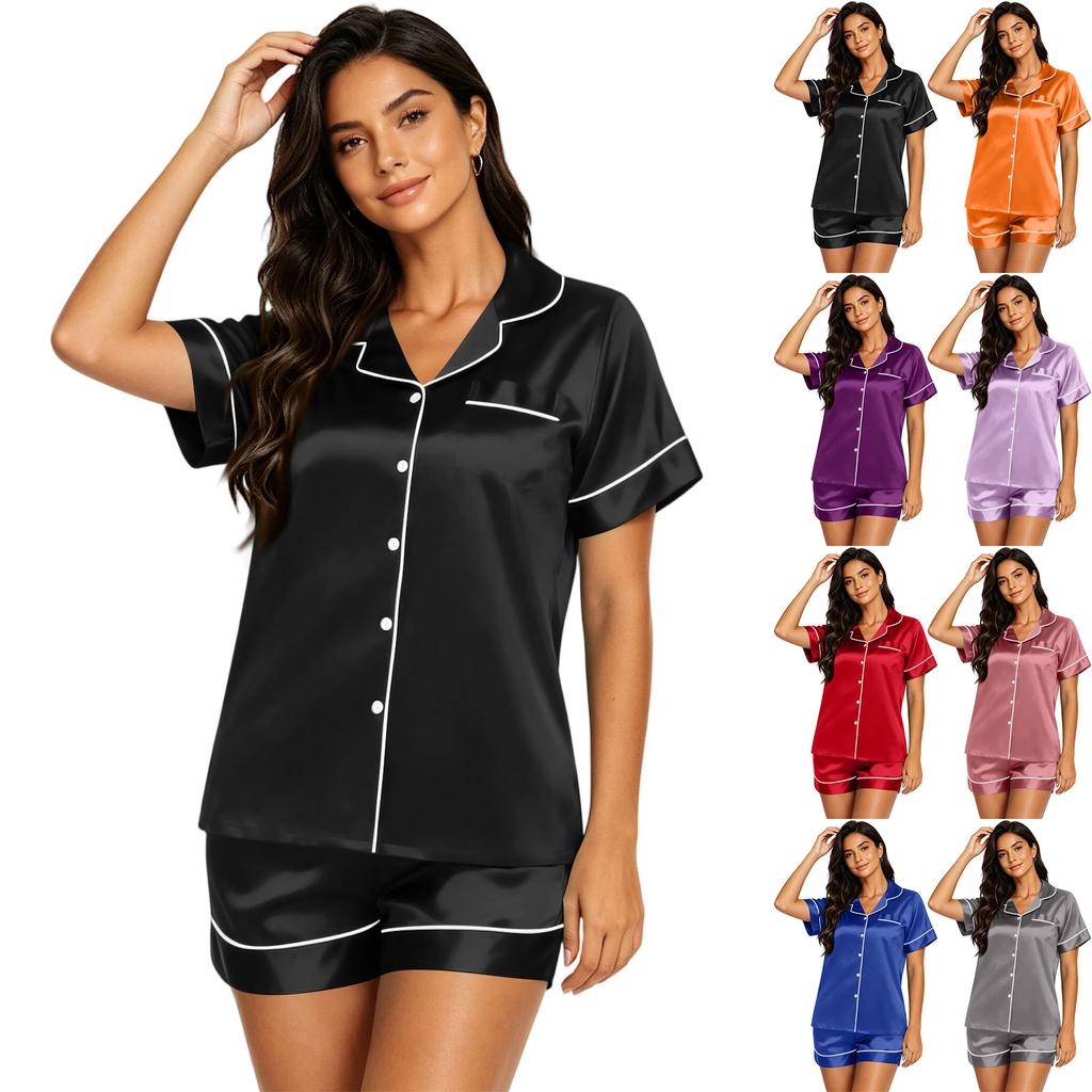 Set Pigiama da Donna in Raso a Maniche Corte con Camicia Bottonata e Pantaloncini a Vita Elastica Morbido Leggero per il Tempo Libero e il Sonno S-XXXXL