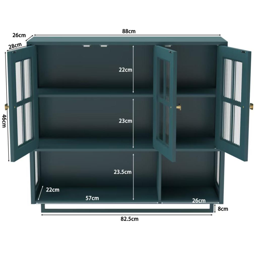 Bathroom Wall Cabinet, 3-Door, Open and Hidden Storage, Glass Door, Towel Bar, for Entryway Living Room Bathroom Dining Room, Dark Green