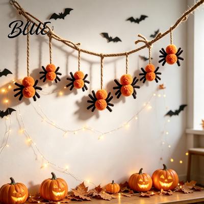 Commercial Halloween Store Display 78 Inch Hanging Spider Banner Mini Black Orange Plush Reusable Holiday Wall Accents Pom Garland for Party,