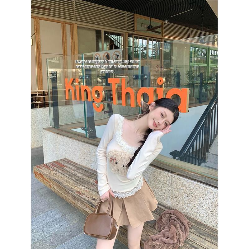 

Elegant Ballet-Style Lace Trim Sweater - Women s Slimming Warm Top for Autumn/Winter M