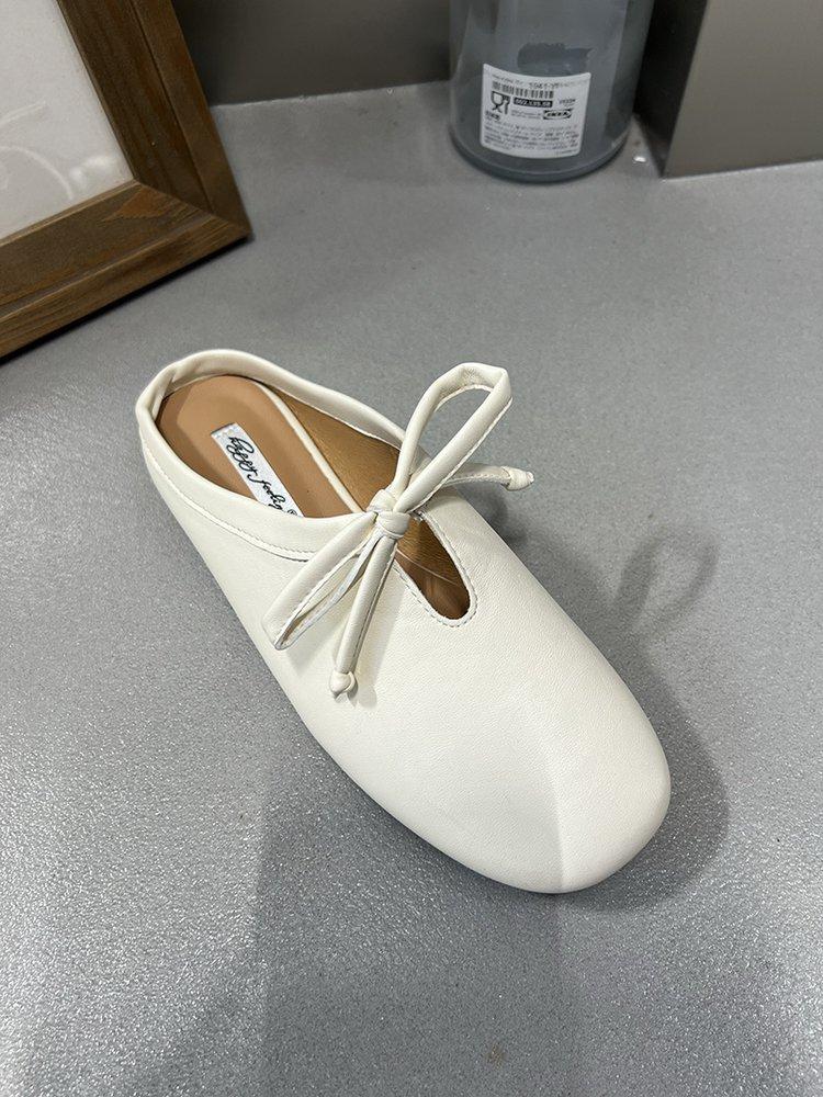 Thick heel half slippers retro evening breeze bow single shoes spring and summer design French women's shoes black loafers