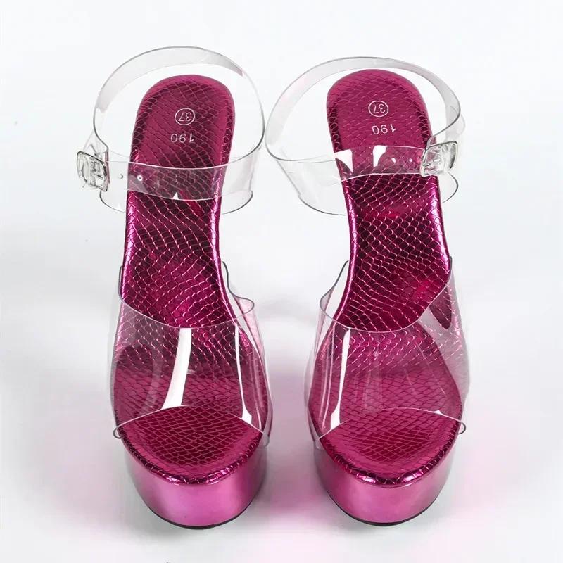 Fashion Purple Super High Heels Women 2025 Summer Sexy Thin High Heel 15cm Sandals Clear Pvc Platform Design Banquet Pole Dancing Shoes