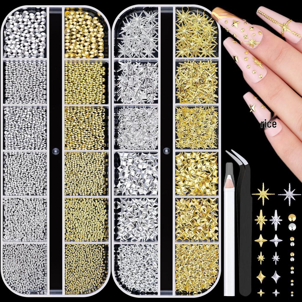 Japanese Style Starry Sky Metal Nail Art Rivets In Gold & Silver - DIY Non-Fading Nail Accessories with Rhinestone Inlays