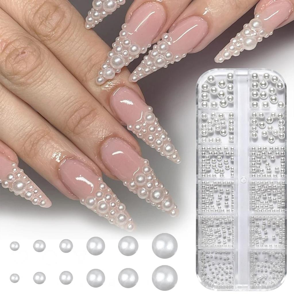 Boxed 3D Pearls White Nail Flatback Beads Rhinestone Caviar Mix Sizes Nail Art Decoration For DIY Manicure Nail Charms Multipur