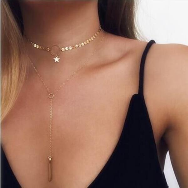 Szolno Vintage Double Layer Alloy Crystal Choker Necklace with Long Chain Pendant Szolno Vintage Double Layer Alloy Crystal Choker Necklace with Long Chain Pendant