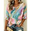 Women's Vintage Burgundy Rose Tie Neck Blouse Ruffle 3/4 Sleeve Relaxed Fit Daily Office Dating Shirt
