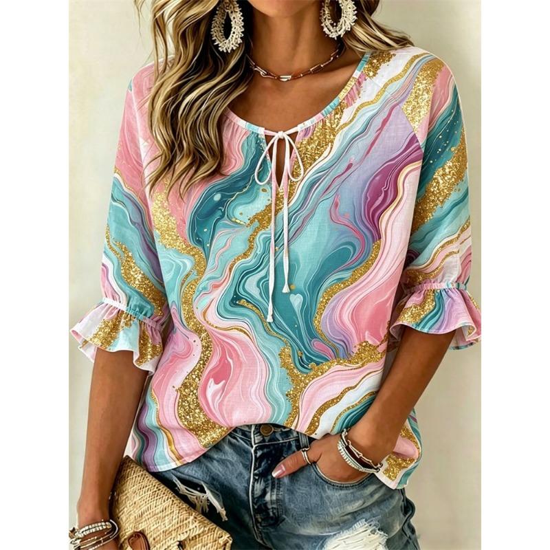 Women's Vintage Burgundy Rose Tie Neck Blouse Ruffle 3/4 Sleeve Relaxed Fit Daily Office Dating Shirt