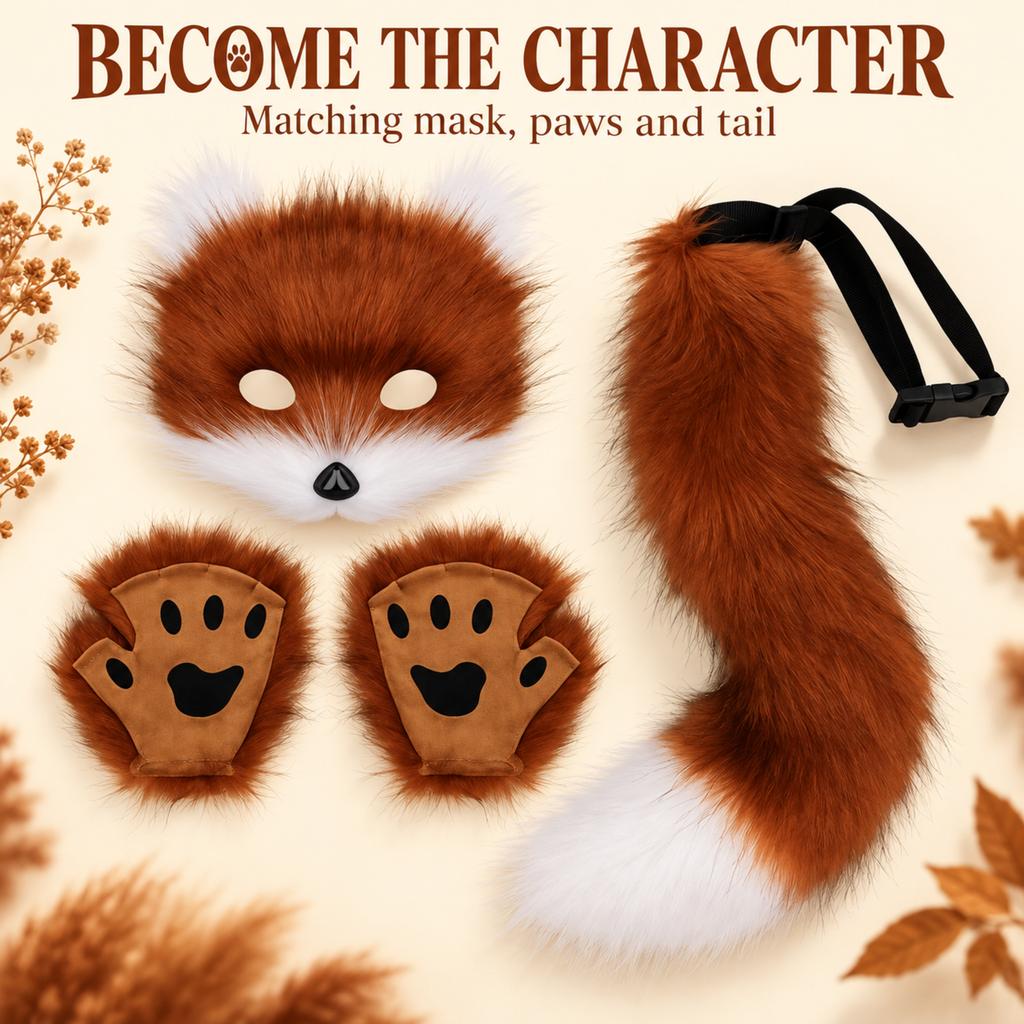 Furry Fox Cat Animal Costume Set 3 Pcs Mask Paw Gloves Tail Therian Fursuit Anime Cosplay Accessories Halloween for Women