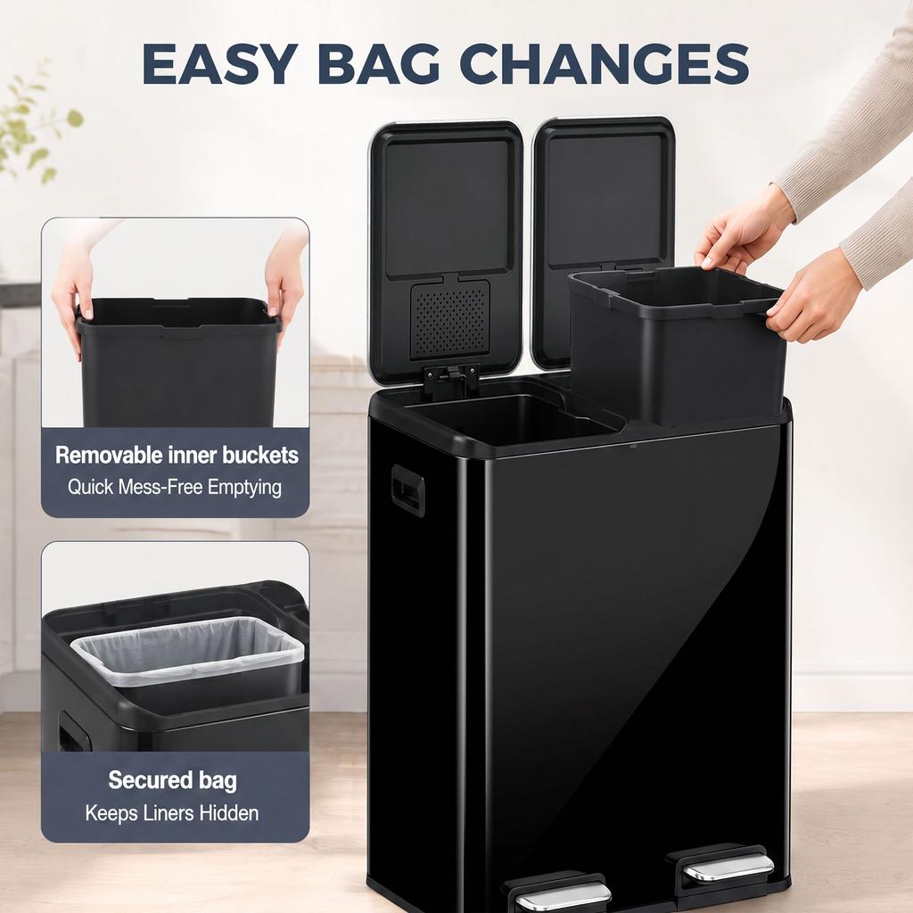 2 X 30L Double Kitchen Bin, Stainless Steel Pedal Rubbish Bin with Dual Compartments, Soft Close Lids, High Gloss Black