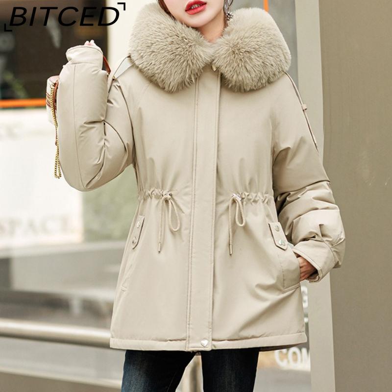 BITCED Fleece-Lined Thickened Down-Filled Cotton Coat for Women - Short Style Autumn/Winter Waist-Defining Design with Large Fur Collar