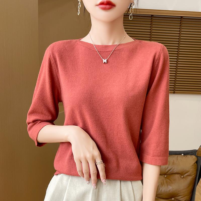 Spring and Summer New Knitted One-word Neck Seven-quarter Sleeve Knitted Pullover Bottoming Shirt Women