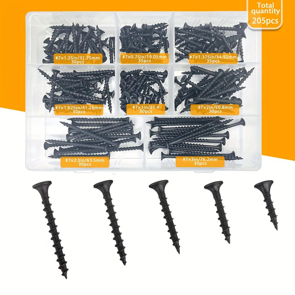 205 ks #7 Prémiové sádrokartonářské šrouby - Kvalitní uhlíková ocel, Samovrtné s křížovou drážkou, Sortimentní sada 8 velikostí