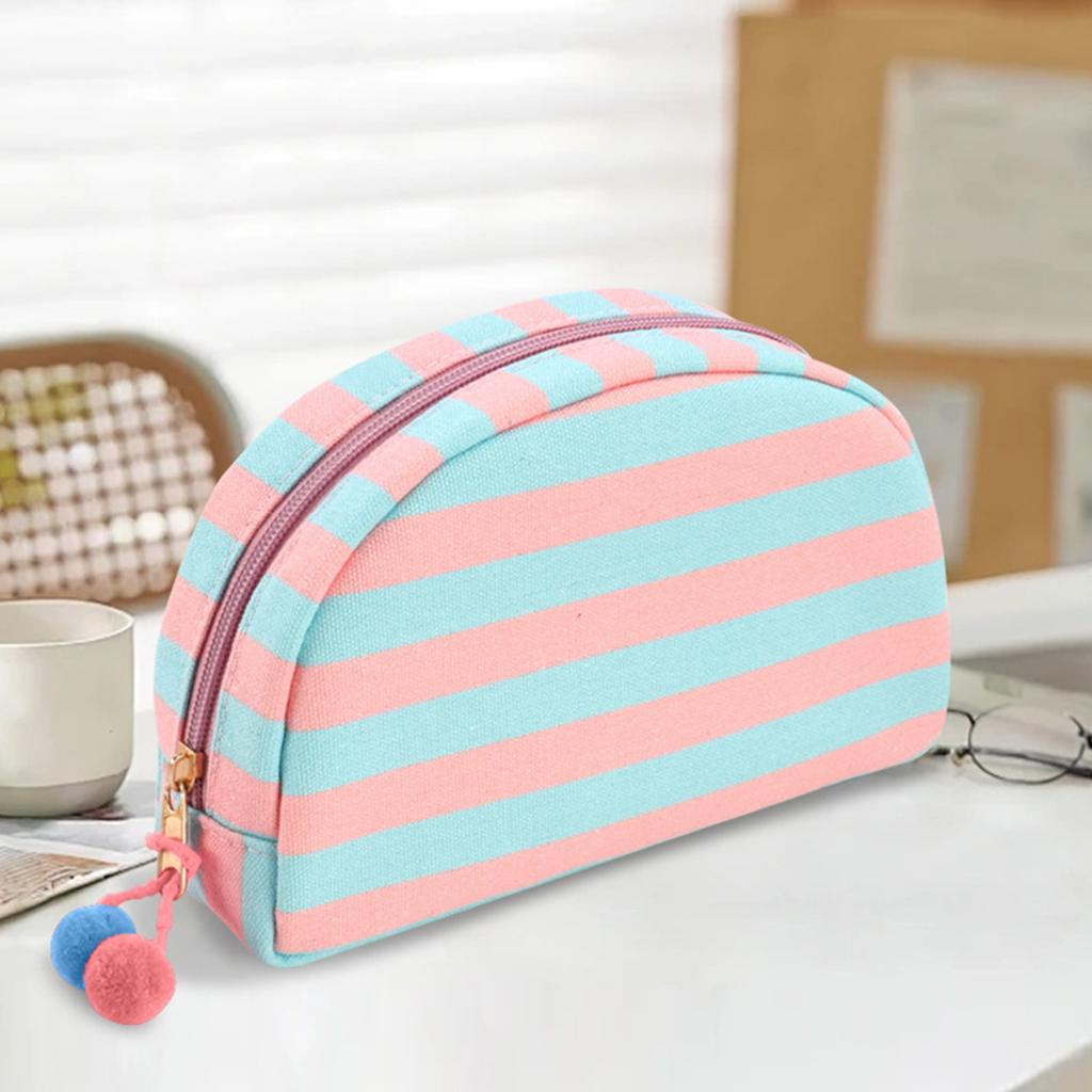 Canvas semi-circular storage bag with large capacity and striped shells for storing makeup bags