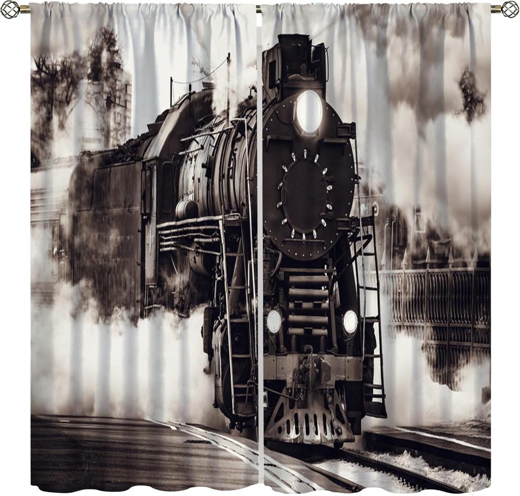 Light Blocking Steam Engine Curtains Old Train Through Country Field Scenery Print Window Treatments Curtain Vintage Polyester With Rod Pocket