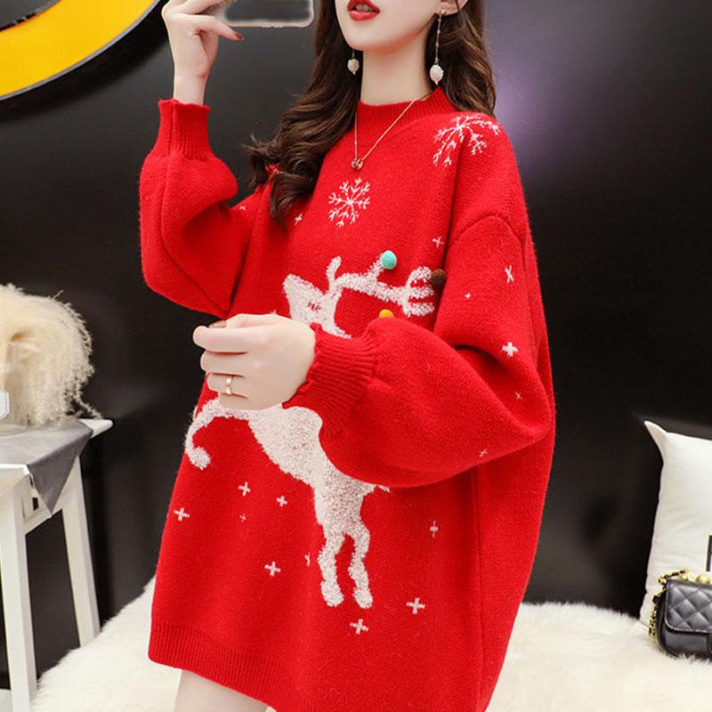Pulovr Deer Red Christmas Women Středně dlouhý svetr 2023 podzim/zima Ležérní volný úplet O výstřih svetr s dlouhým rukávem Žena