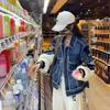 Fashion heavy industry splicing cardigan sweater women's autumn and winter new loose design denim knitted jacket tide