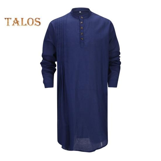 Men's Cotton Linen Kaftan Long Sleeve O-Neck Robe Solid Color Button-up Collar Thobe Breathable Arabic Clothing for Prayers Casual Wear