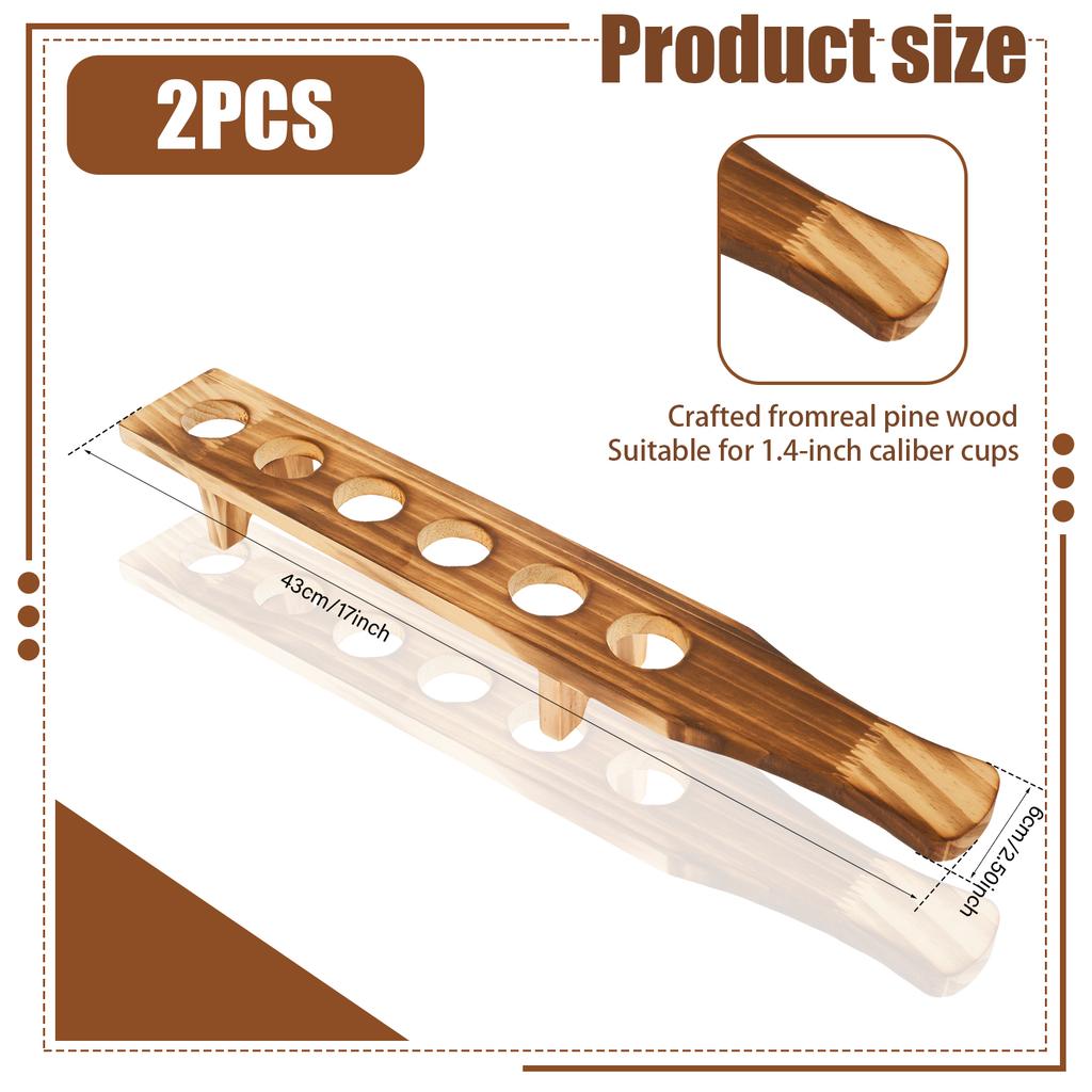 2 Pcs Shot Glass Tray Wood Shot Glass Holder Shot Glass Stand with 6 Holes Shot Glass Serving Tray for 1.4 inch Diameter Glasses