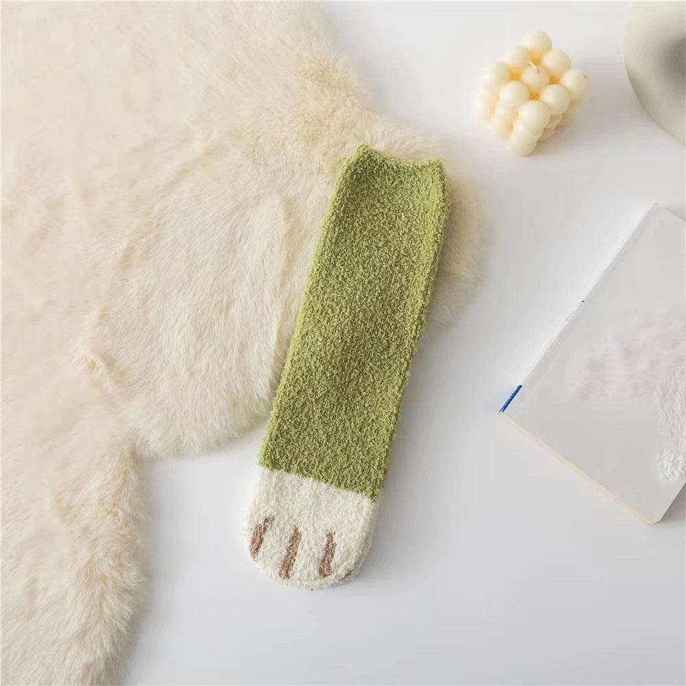 Cat Paw Striped Cute Socks Coral Fleece Winter Women Socks Thick Thermal Floor Sleeping Socks Candy Color Velvet Sock Warm