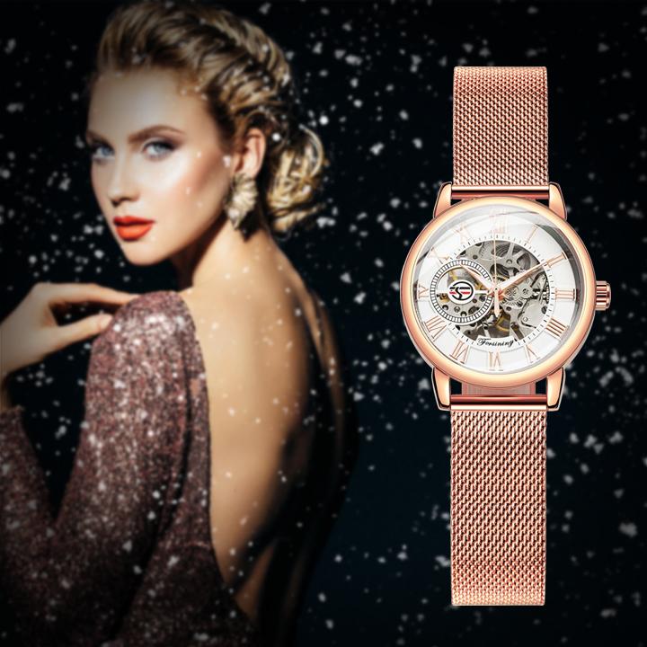 Mode Forsining Top Marke Damen Uhren Für Frauen Skelett Mechanische Uhr Netz Netz Edelstahl Weibliches Geschenk Uhr
