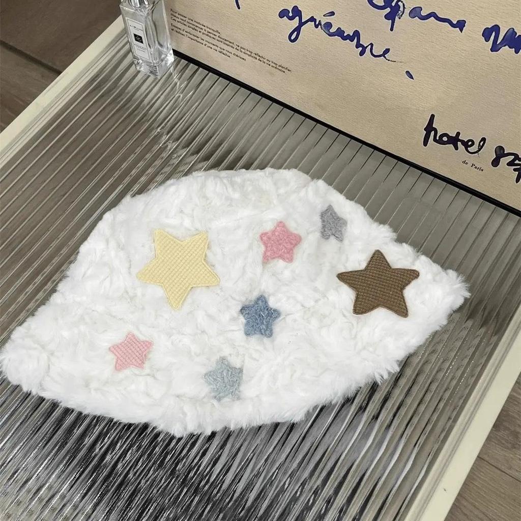 New Arrival: Women's White Star Plush Fisherman Hat - Japanese Style Winter Accessory
