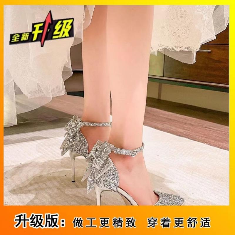 Silver high heels women's autumn, winter, spring and autumn new wedding shoes rhinestone bow sweet fairy crystal shoes