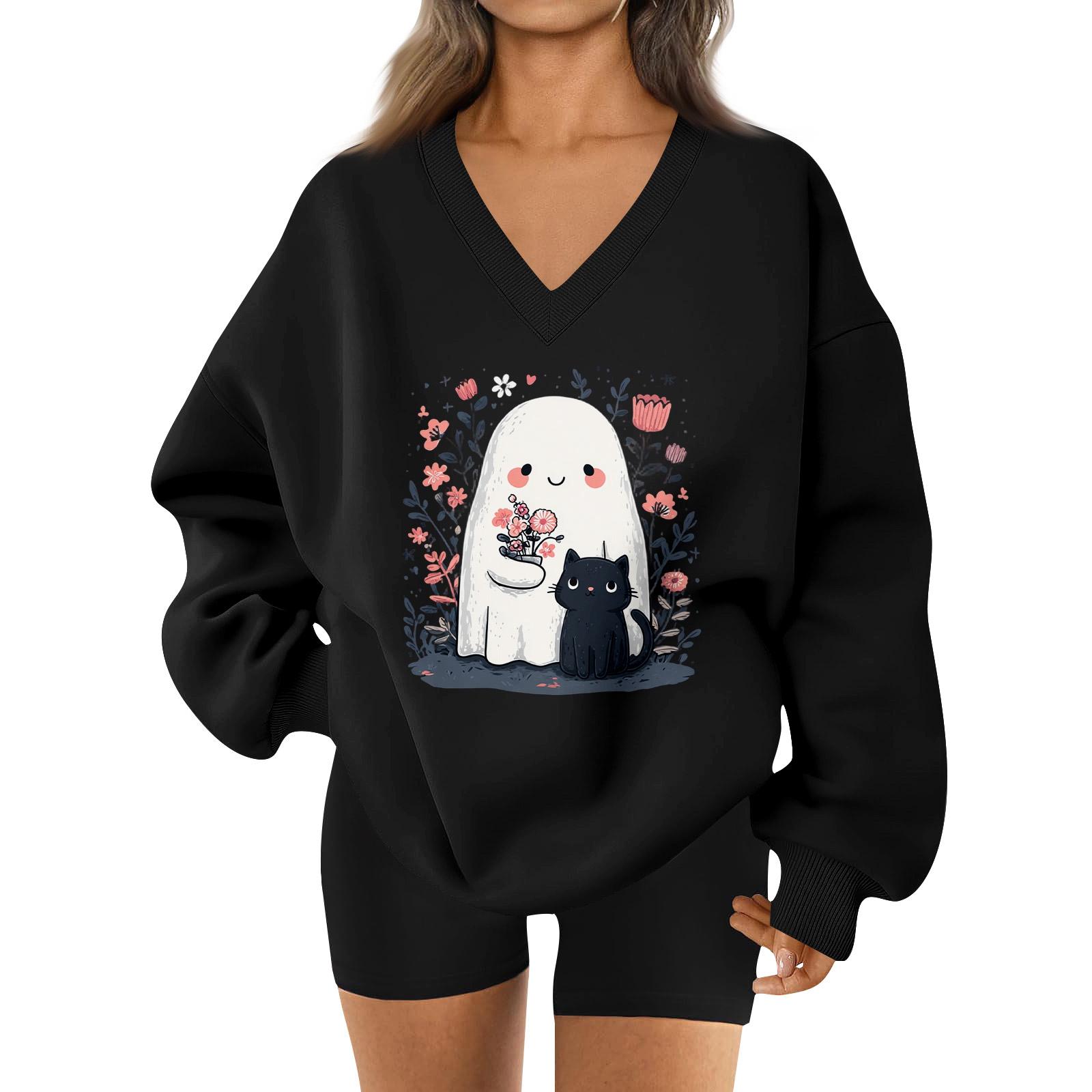 

Women s V-neck Dropped Shoulder Halloween Print Sports Sweatshirt Top S