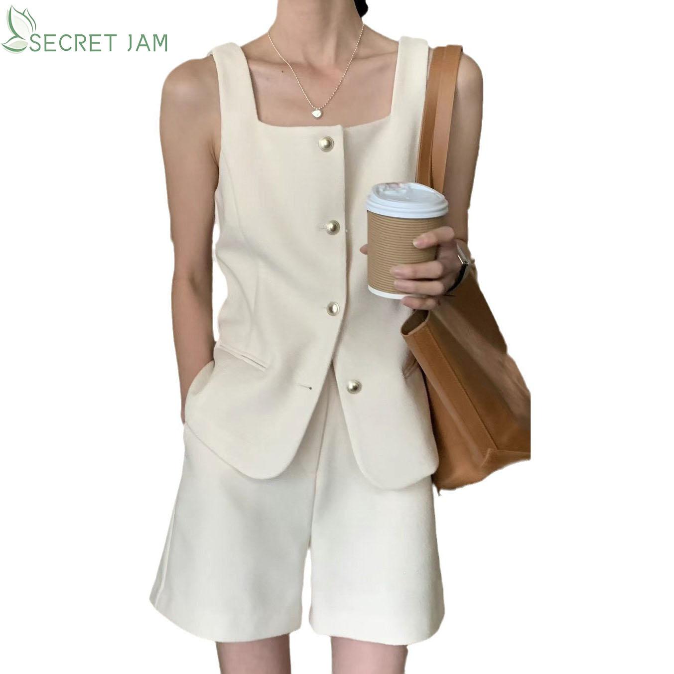 

Secret Jam, летний модный однобортный жилет с квадратным вырезом, топ с высокой талией и широкими штанинами, повседневный костюм с шортами