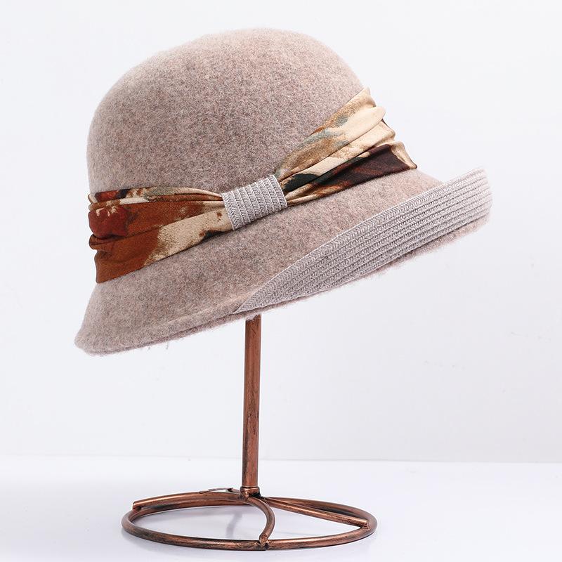 Wool hat women's autumn and winter versatile basin hat Australian wool retro elegant top hat rolled brim bucket hat