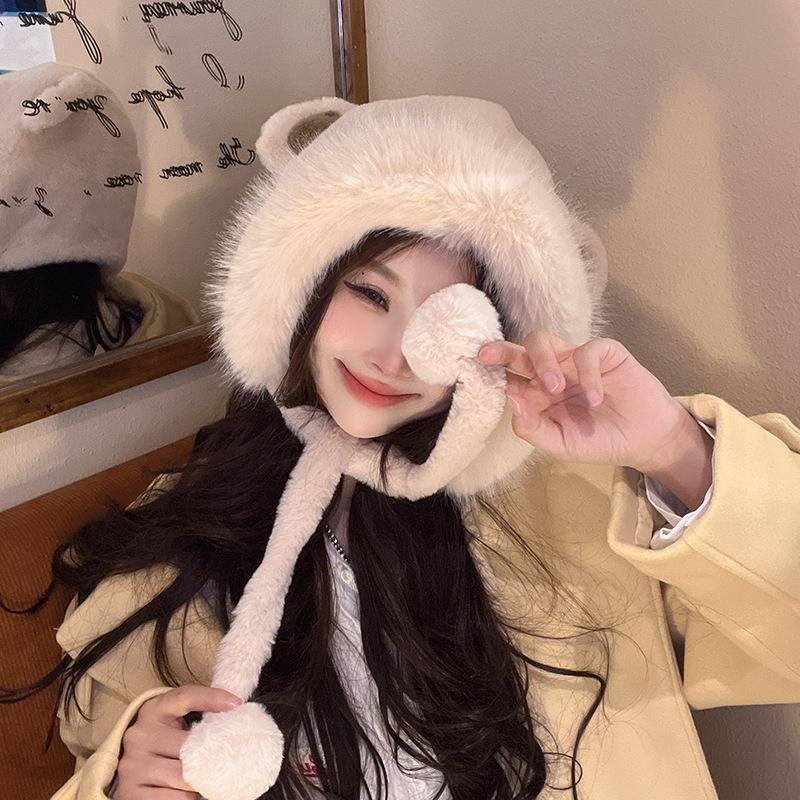 Cute plush bear hat Korean version thermal ear protection hat big head circumference cold protection pullover hat