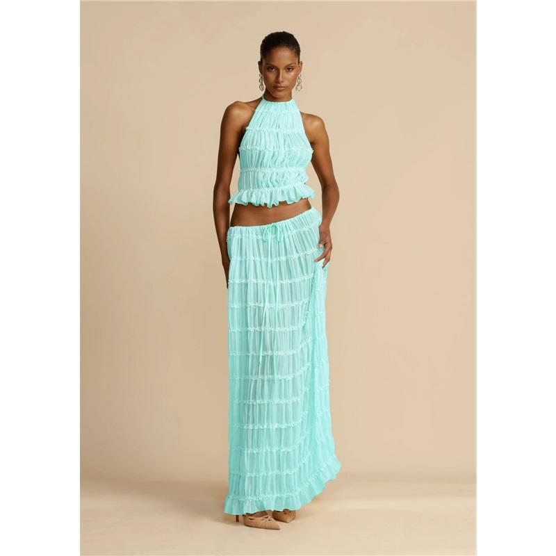 Damen Neuer einfarbiger 2-teiliger lässiger Neckholder-Tragekomfort Mehr Sommer Ärmellos Locker Urlaub Damen Rockanzug