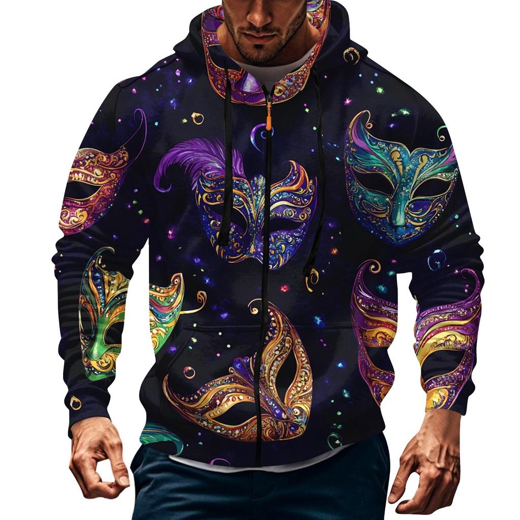 Men's Sports Casual Fleece Hoodie Carnival Print Hoodie Cardigan Zipper Multi-pocket Hoodie Coat