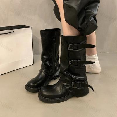 Fashion Retro Belt Buckle Mid-calf Boots 2024 New Black Round Toe Pleated Trouser Leg Thick Heel Boots for Women Side Zipper Modern Shoe