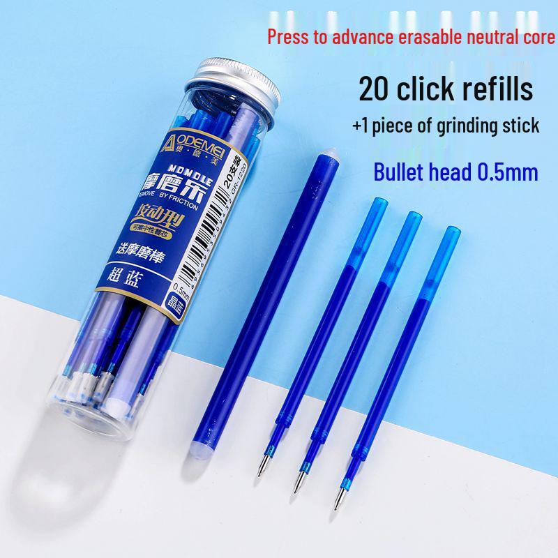 20-Pack 0.5mm Erasable Click Pens with Refill Cores - Moli Moli Le, Blue & Black Ink 1 Barrel (20 Erasable Cores + 1 Eraser Stick)