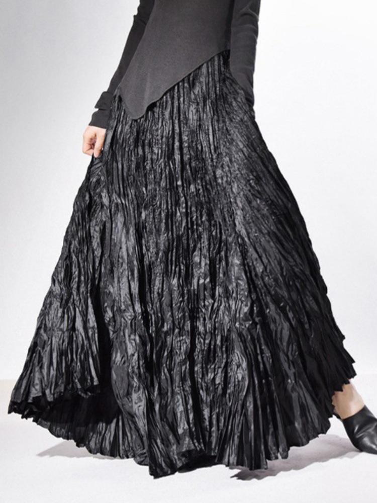 Women's 2026 Spring Textured Pleated Skirt - High Waist, Large Hem, Long Length, Simple Style